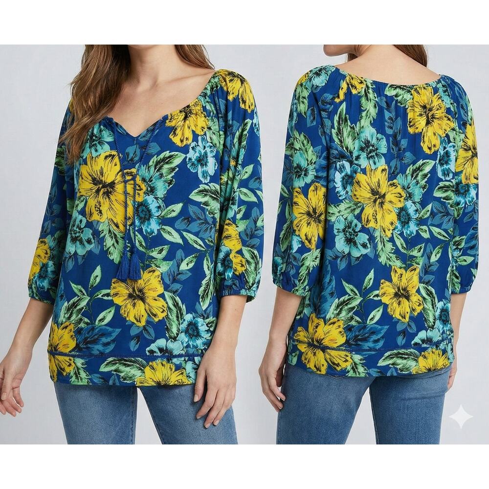 Rafaella Weekend Womens XL Blouse Blue Yellow Floral 100% Cotton